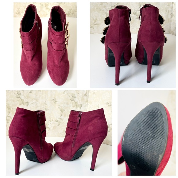 FOREVER BURGUNDY SUEDE BUCKLE ANKLE HEELS BOOTS - Picture 3 of 3
